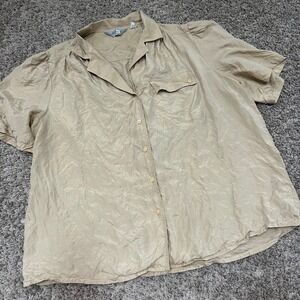 Ellen‎ B. 100% Silk Button Down Top Blouse Short Sleeve Beige Vintage